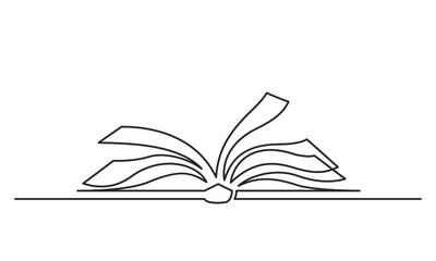 Wall Mural - Continuous one line drawing open book with flying pages. Vector illustration on white background.