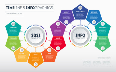 Transformation plan for the year. Business Infographic concept with 12 months, parts, steps or technology processes. Template for presentation or calendar. Timeline with Twelve icons.