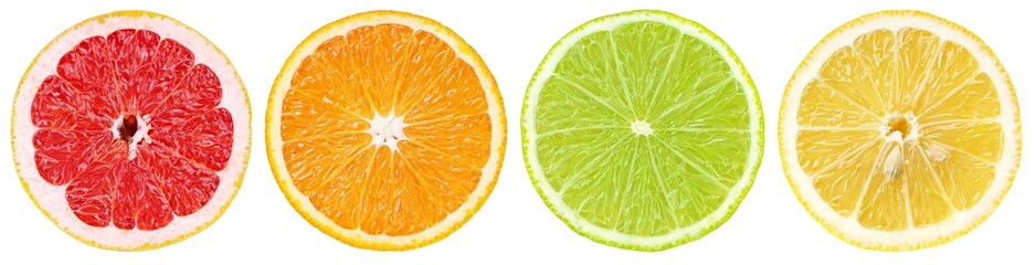 Wall Mural - Set of colorful different citrus fruit slices. Half of grapefruit, orange, lime and lemon in row isolated on white background with clipping path.