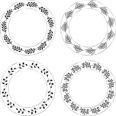 Hand drawn round frames and wreaths isolated on white background. Hand sketched design elements. Unique and ready to use.