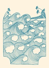 Waves Vintage Pattern Illustration With The Palm-trees On The Beach. Vintage Tropical Vacation Vector Illustration T-shirt Print.