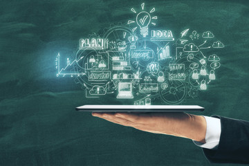 Aufkleber - Hand holding digital tablet with drawing global marketing plan