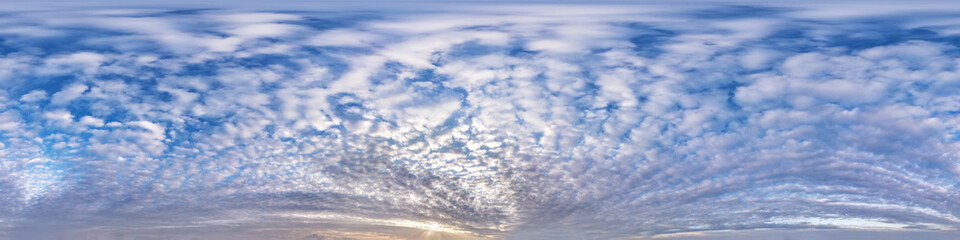 Wall Mural - Seamless hdri panorama 360 degrees angle view blue sky with beautiful fluffy cumulus clouds without ground with zenith for use in 3d graphics or game development as sky dome or edit drone shot