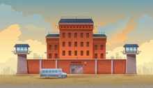 Guarded City Prison Building With Two Watchtowers On A High Brick Fence With Barbed Wire, Buses For Transporting Prisoners. The Prison Has Steel Gates And Surveillance Cameras. Vector Illustration