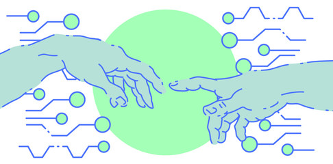 Poster - The creation of Adam in futuristic style with circuit elements. Two hands goind to touch together, sybolism of connection, cyberfuture and robots.
