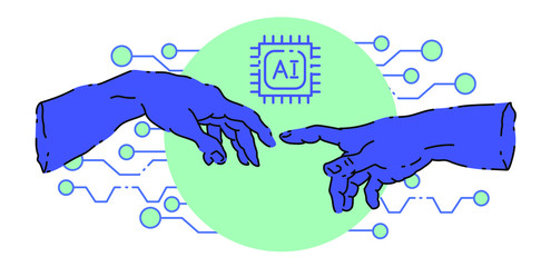 Poster - The creation of Adam in futuristic style with circuit elements. Two hands goind to touch together, sybolism of connection, cyberfuture and robots.