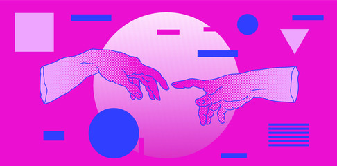 Poster - The Creation of Adam. Vector hand drawn illustration from a section of Michelangelo's fresco Sistine Chapel ceiling in neon pink vaporwave style. Fashion print for t-shirt or cover.