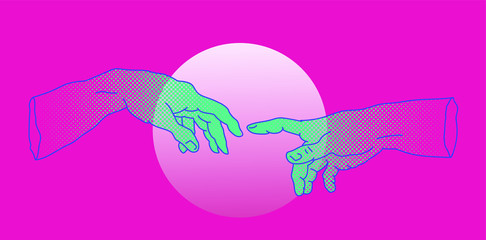 Poster - The Creation of Adam. Vector hand drawn illustration from a section of Michelangelo's fresco Sistine Chapel ceiling in neon pink vaporwave style. Fashion print for t-shirt or cover.