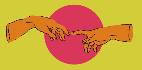 Poster - The Creation of Adam. Vector hand drawn illustration from a section of Michelangelo's fresco Sistine Chapel ceiling in vaporwave style. Fashion print for t-shirt or cover.