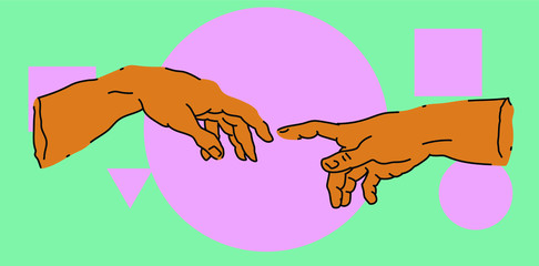 Poster - The Creation of Adam. Vector hand drawn illustration from a section of Michelangelo's fresco Sistine Chapel ceiling in vaporwave style. Fashion print for t-shirt or cover.