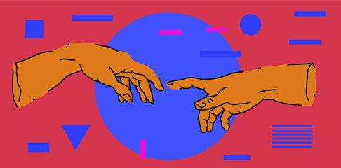 Poster - The Creation of Adam. Vector hand drawn illustration from a section of Michelangelo's fresco Sistine Chapel ceiling in vaporwave style. Fashion print for t-shirt or cover.