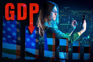 Poster - The girl analyzes data on US GDP. America's GDP is falling. Decrease in industrial production. Economic crisis. Economic problem. Recession. Global crisis.