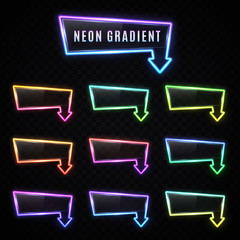 Wall Mural - neon rectangle arrow gradient banner set on dark transparent background. glowing light frame design 