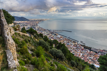 Wall Mural - Arechi Castle located on a hill over Salerno offers a beautiful view of the city and of the Gulf of Salerno, Campania, Italy