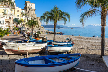 Wall Mural - Colorful fishing boats at Cetara beach, a small town on the Amalfi Coast famous for the “colatura di alici” fish sauce, Campania, Italy