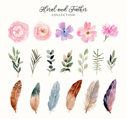 Wall Mural - watercolor floral and feather collection