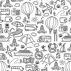 Travel and vacation seamless pattern. Summer tourism doodles. Outline vector illustration.