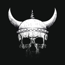 Vector Illustration For Human Skull T-shirt With Viking Helmet On Black Background