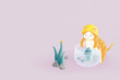 Labord day illustration,kitten in yellow hat watching the fish in the goldfish bowl and the butterfly flying near the leaves 