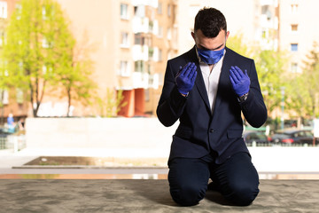 Wall Mural - Muslim Praying and Wearing Protective Mask and Gloves