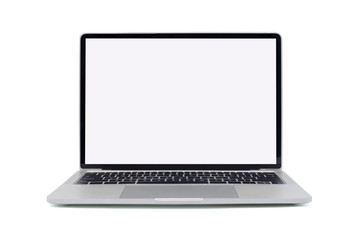 Wall Mural - Front view of Open laptop computer. Modern thin edge slim design.  Blank white screen display for mockup and gray metal aluminum material body isolated on white background with clipping path.