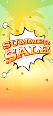 Poster - Summer sale. Hot background with palm tree silhouette. Vector illustration, phone UI X size in comic book, pop art style. Template for smartphones or vertical banners