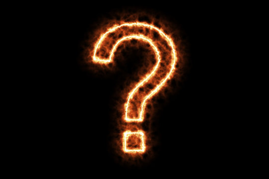 Fire burning forming question mark sign symbol isolated on black background. 3d rendering illustration. Hot framing ignition and smoke with sign symbol.