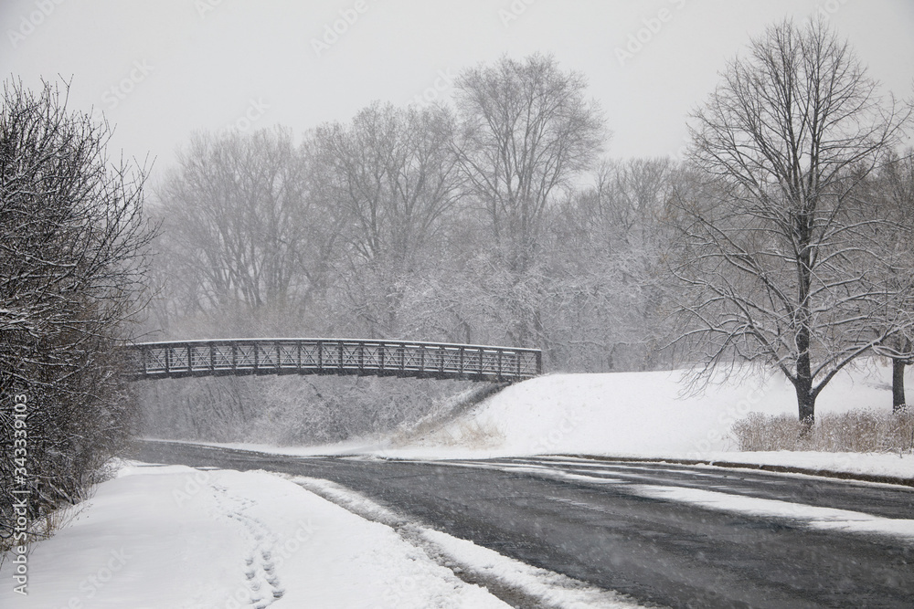 Last snow storm in April with cold, wind and large snow flakes near Minneapolis Minnesota