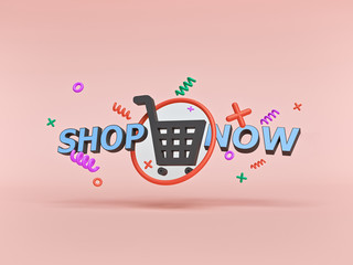 Poster - shop now abstract design with decorations. advertising poster, banner. 3d rendering
