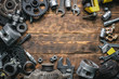 © Dmitriy - Old car spare parts on wooden flat lay workbench background with copy space.