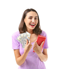 Wall Mural - Young woman with wallet and money on white background