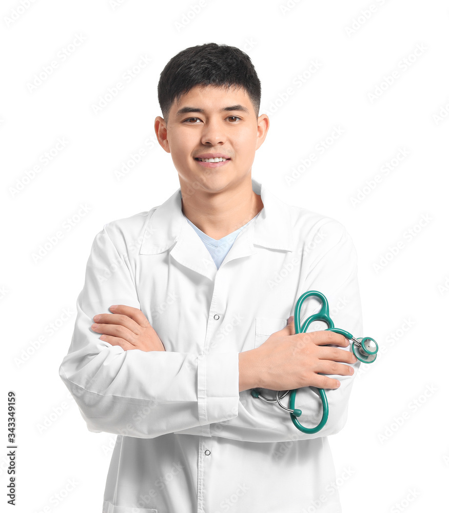 Male Asian doctor on white background