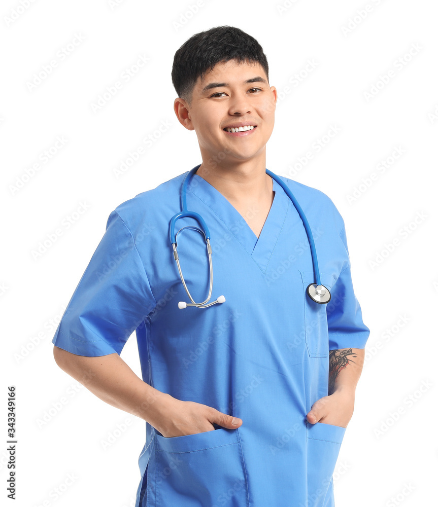 Male Asian doctor on white background