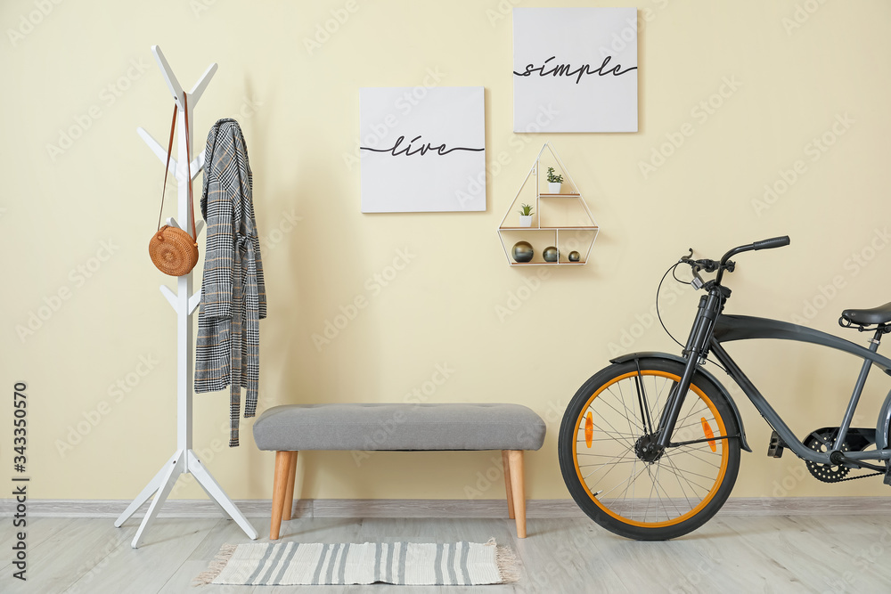 Stylish interior of modern hall with bicycle