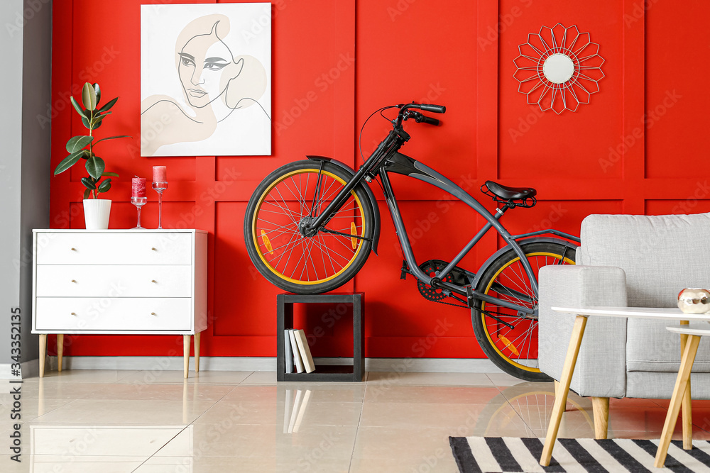 Interior of modern room with bicycle
