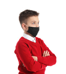 Sticker - Little schoolboy wearing protective mask on white background. Concept of epidemic