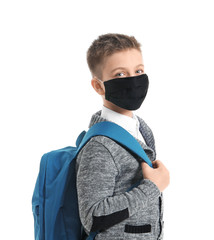 Sticker - Little schoolboy wearing protective mask on white background. Concept of epidemic