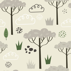 Wall Mural - Seamless pattern with trees and clouds