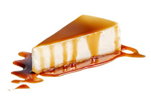 Piece Of Fresh Cheesecake With Toffee Candies And  Caramel Sauce Isolated On White Background. Cheesecake Slice Closeup