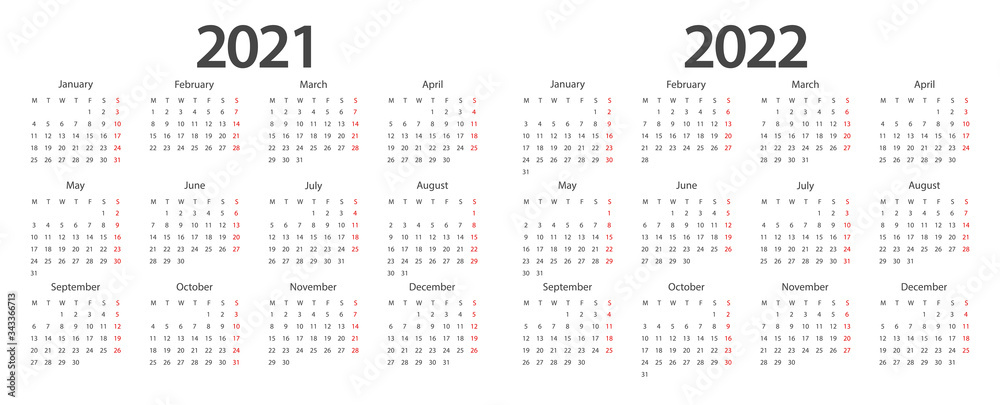 Calendar 2021, calendar 2022 week start Monday corporate design planner template. - obrazy, fototapety, plakaty 