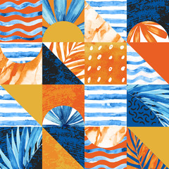 Wall Mural - Geometric minimal seamless pattern with squares, triangles, shape, watercolor tropical leaves
