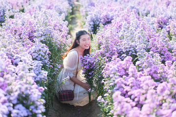 a cute young woman in a purple field in sunny days