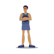 © greenpicstudio - Happy smiling fitness instructor standing with folded hands. Vector illustration in flat cartoon style.