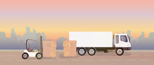 A Lorry And A Pallet With Cardboard Boxes Stands On The Road. Forklift Raises The Pallet. Industrial Forklift. Carton Boxes. The Concept Of Delivery And Loading Of Cargo. Isolated. Vector Design
