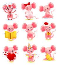 Set Of The Cute Pink Mouse In Different Situations. Vector Illustration In Flat Cartoon Style.