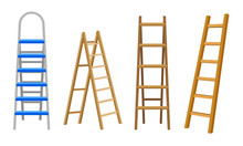 Wooden Or Steel Step Ladders For Domestic And Construction Needs Vector Set