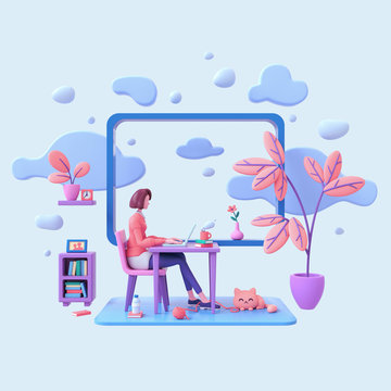 Casual brunette girl working on a laptop from home near a window with a view of the sky and blue clouds. Modern teenage girl room with workplace, books, cat, coral color plants. Pastel 3d illustration