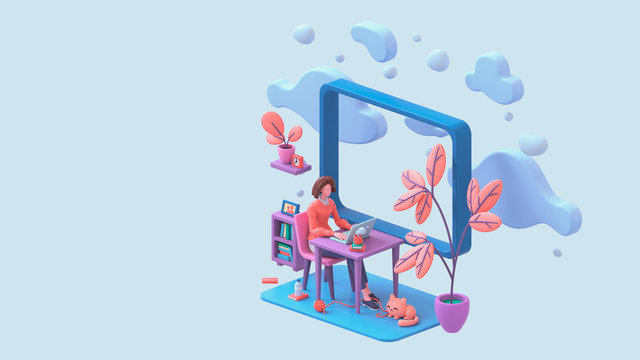 Casual brunette girl working on a laptop from home near a window with a view of the sky and blue clouds. Modern teenage girl room with workplace, books, cat, coral color plants. Pastel 3d illustration