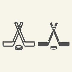 Poster - Hockey sticks line and solid icon. Winter sport signs outline style pictogram on beige background. Crossed hockey sticks and puck for mobile concept and web design. Vector graphics.
