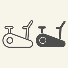 Poster - Exercise bike line and solid icon. Exercycle outline style pictogram on beige background. Stationary fitness bike for mobile concept and web design. Vector graphics.
